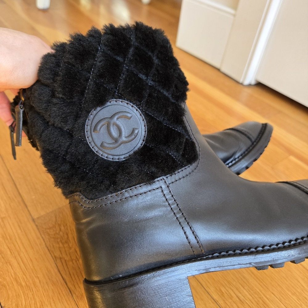 Chanel Black Leather and Fur Boots